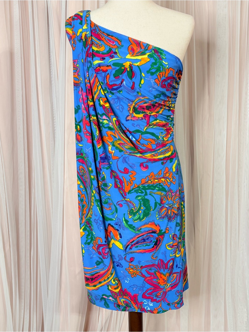 Ralph Lauren One-Shoulder Blue Floral Paisley Swim Cover-Up